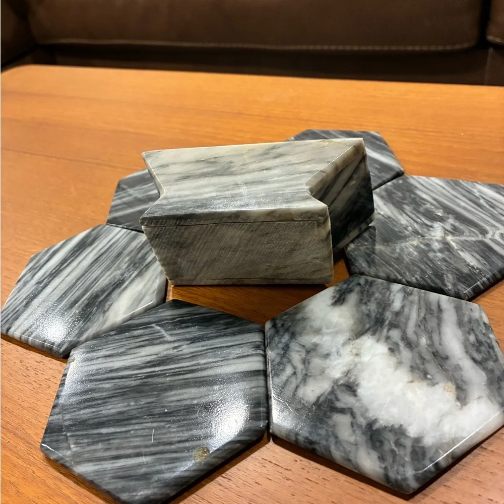 Hexagonal Marble Coasters Black and White Marble Coaster Set With Modern Holder